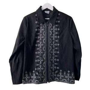 Bon Worth Black Long Sleeve White Floral Embroidery Zip Up Collared Jacket - MP